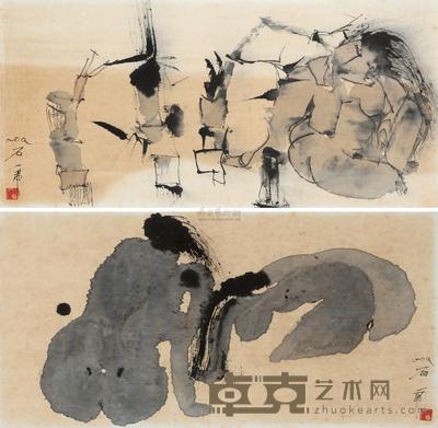 石虎 人物 （二帧） 镜框 32×68cm；33×67cm