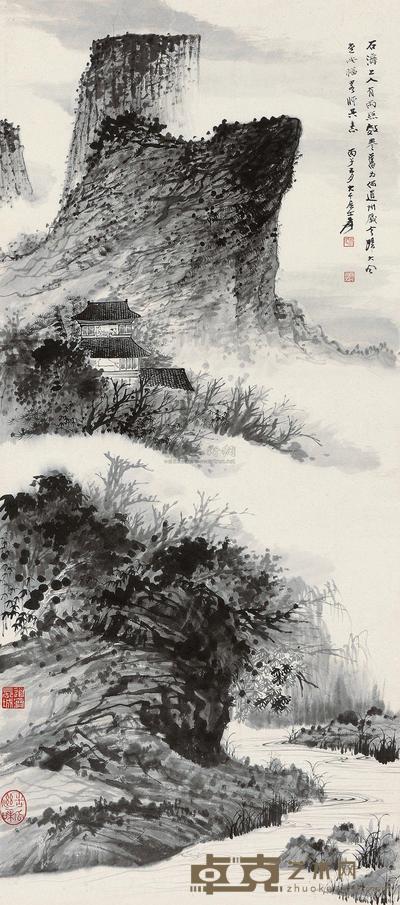 张大千 1936年作 仿石涛山水 镜心 119×52cm
