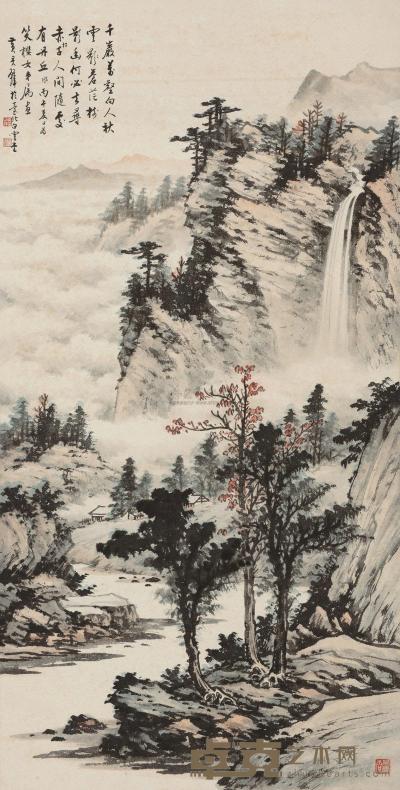 黄君璧 1966年作 秋山云瀑 镜心 120×59cm