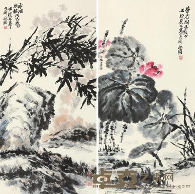 朱屺瞻 1982年作 花卉 (两帧) 镜心 140×69cm×2
