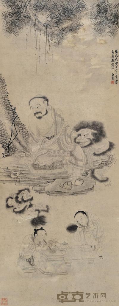 白贲 (款) 白描人物 立轴 132×50cm