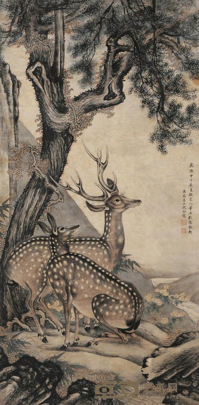 沈铨 1744年作 松鹿图 立轴 181×87cm