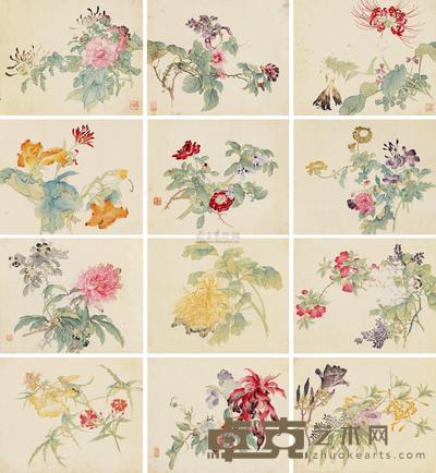 汤世澍 花卉画册 册页 (十二开) 27×33cm×12
