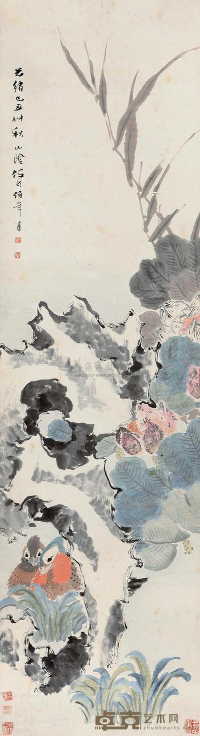 任伯年 1889年作 鸳鸯戏荷 立轴 138×37cm
