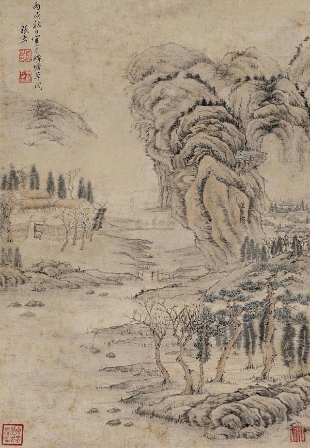 张宏 1646年作 草阁秋意图 镜心