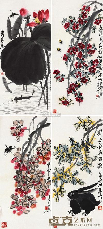 齐良迟 花鸟 四屏镜片 61×31cm×4