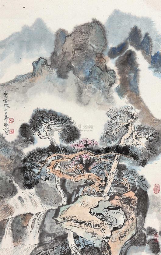 程十发 1991年作 古木云深 镜心