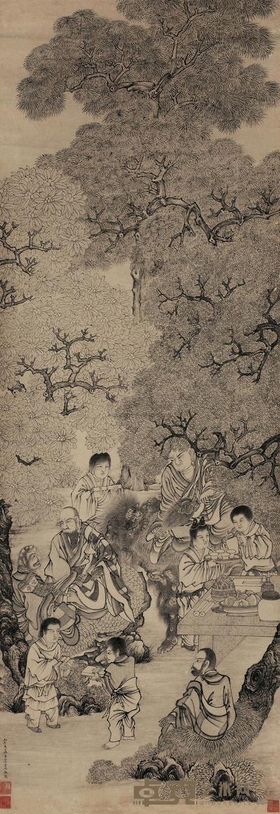 丁云鹏 1617年作 佛教故实图 立轴 210×70cm