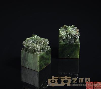 清乾隆-嘉庆 碧玉云龙纽方玺 (一对) 5.9×4×4cm