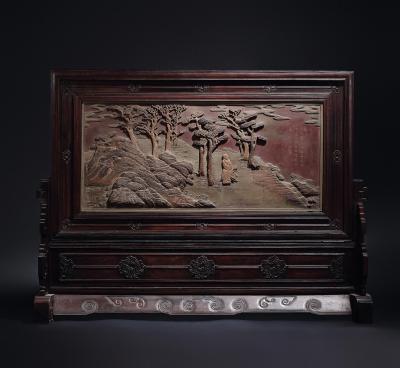 清中期 红木框祁阳石巧雕松下高士题诗大座屏