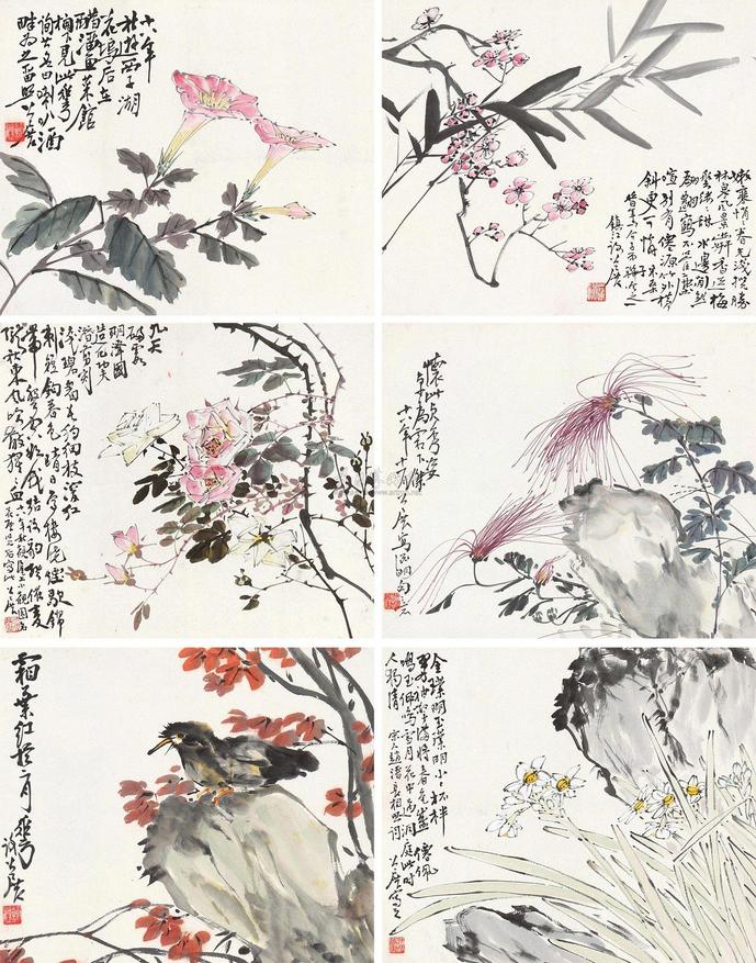 谢公展 花鸟 立轴 （六开）