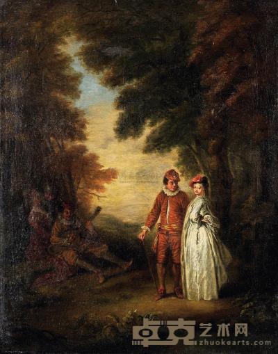 兰克·尼古拉斯 18世纪 森林里行走的贵族 47×38cm