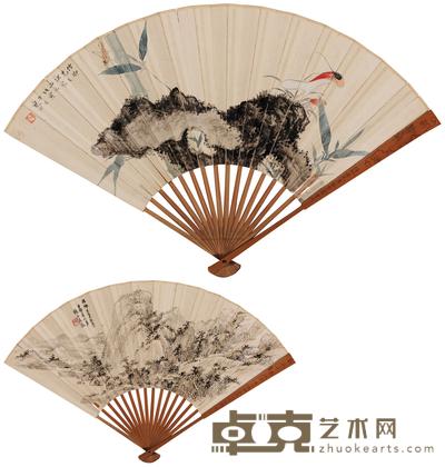 江寒汀 吴彭 竹石草虫·山居图 成扇 18×50cm