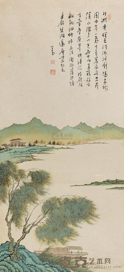 溥儒 碧湖垂钓 镜心 91×41cm