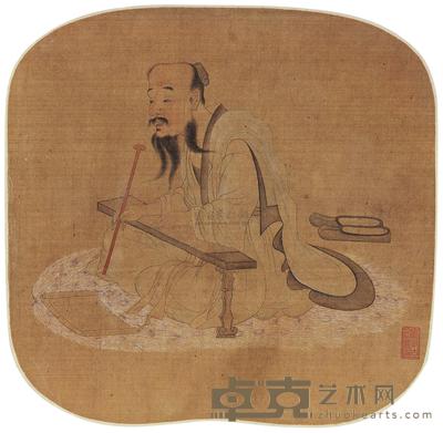 佚名 伏案摹书 团扇 20×22cm