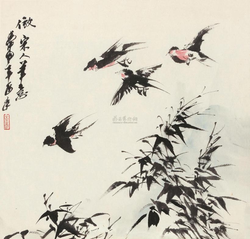 黄胄 竹雀图 镜片