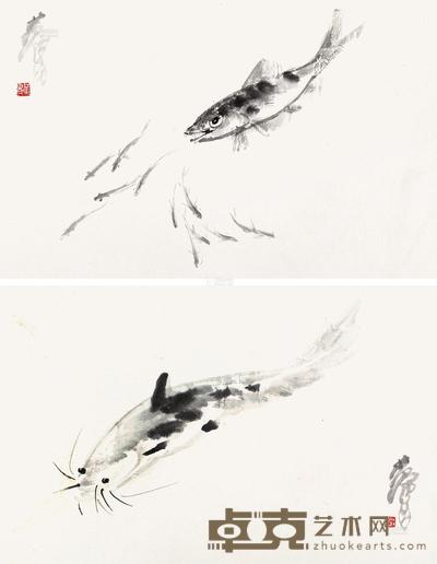 黄胄 鱼趣·大年 镜心 22×32cm×2