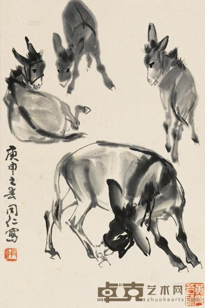 王同仁 四驴图 立轴 67×45cm