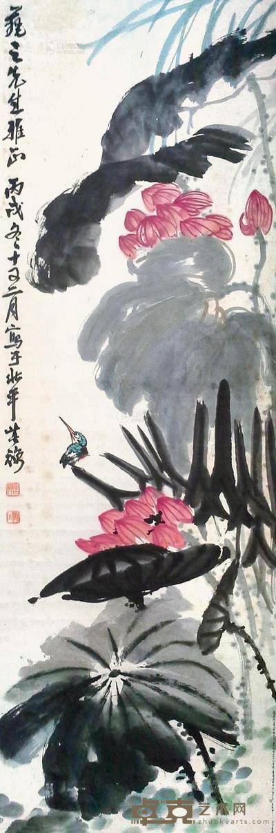 李苦禅 荷花翠鸟 立轴 179×53cm