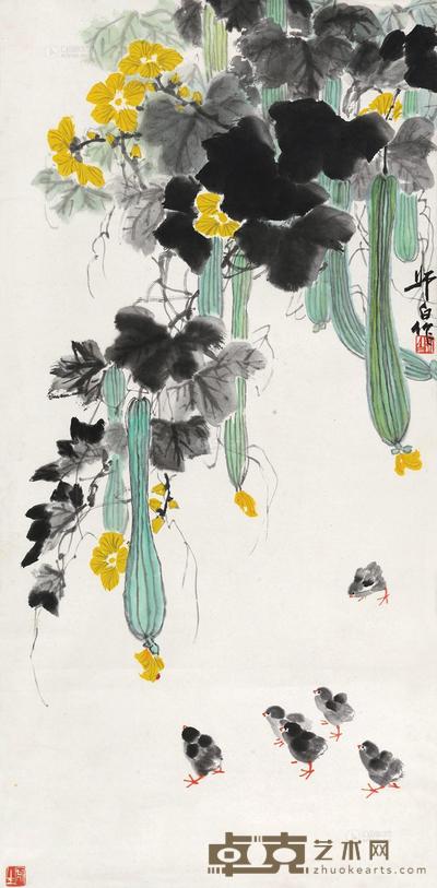 娄师白 丝瓜雏鸡 立轴 138×68cm