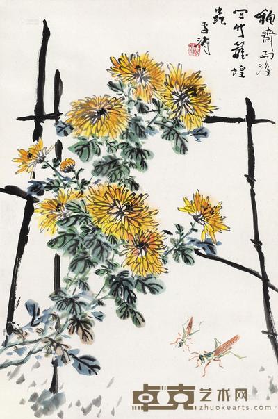 王雪涛 竹篱蝗虫 立轴 66×45cm