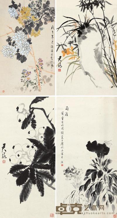 潘君诺 竹篱菊花·三清图·雨后·枇杷 镜心 79×45cm；68×43cm；70×32cm；68×33cm