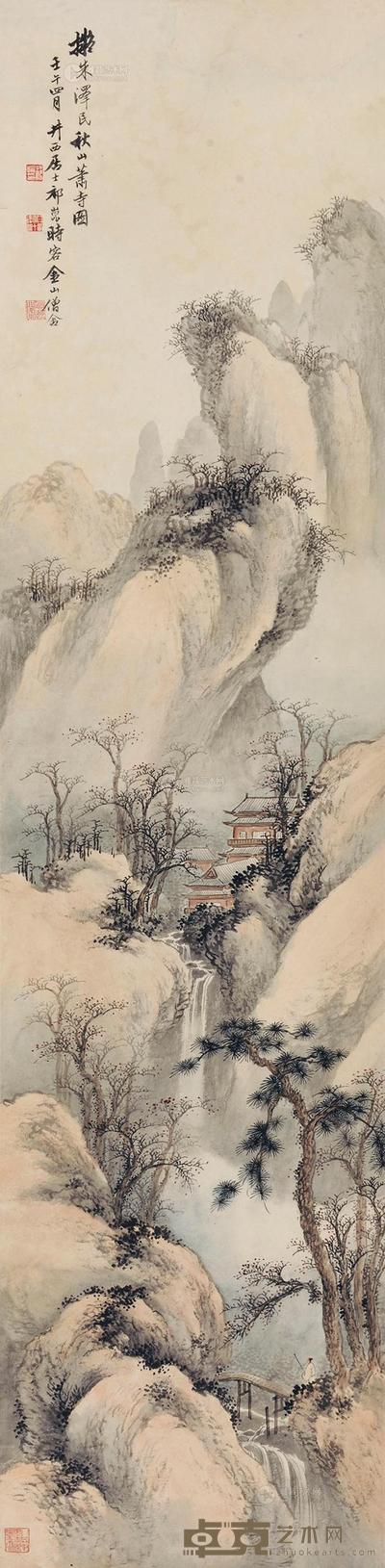 祁昆 秋山萧寺图 立轴 129×31cm