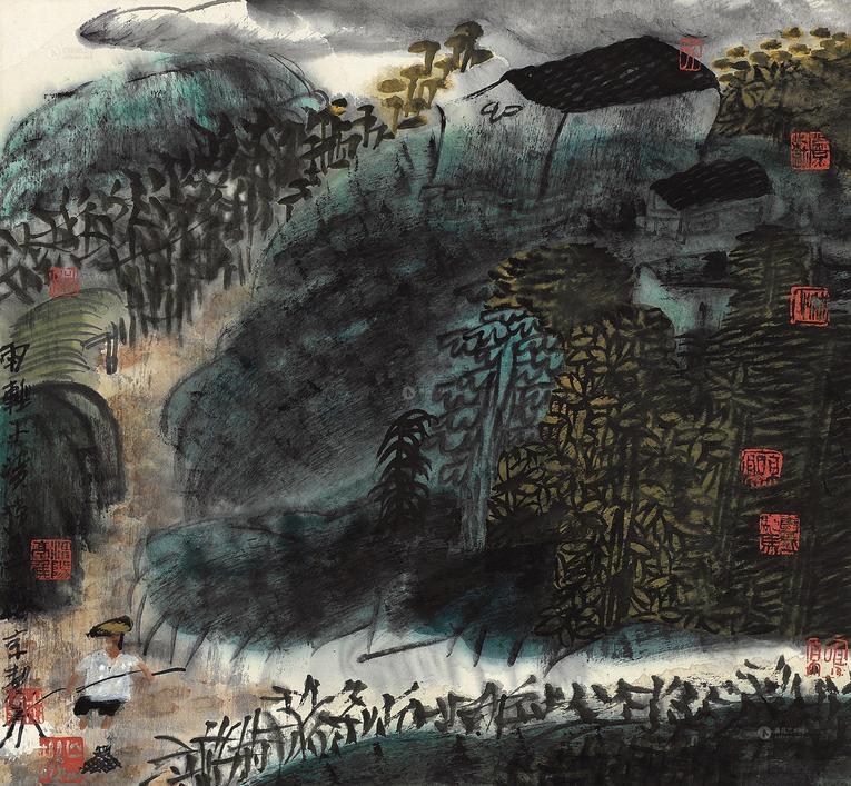 姚鸣京 山村雨过 镜心