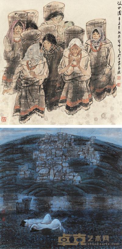 李宝峰 1992年作 汲水图 夏山双美 镜心 67×67cm×2