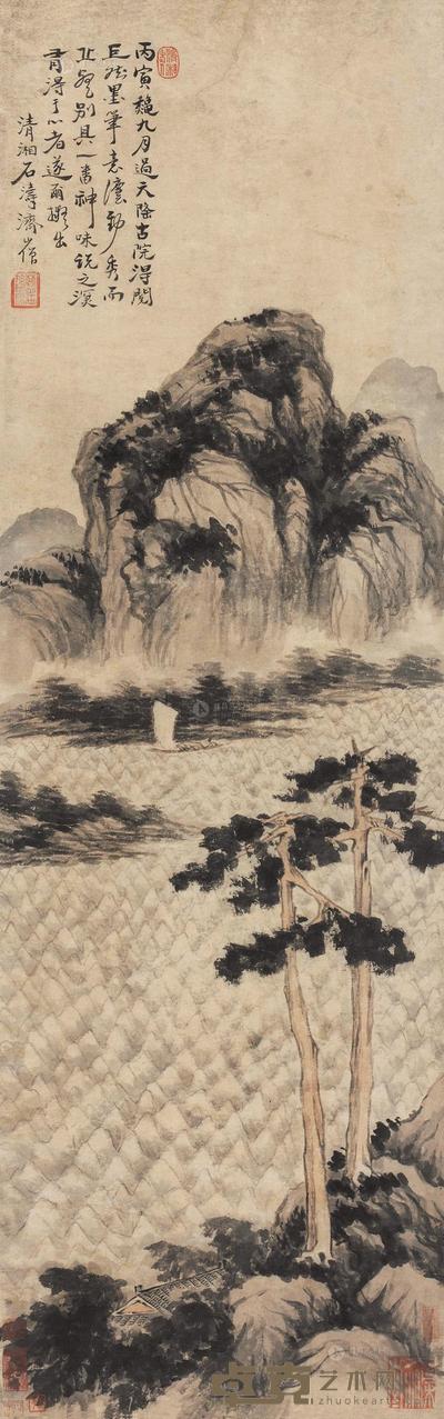 石涛 春江泛舟 立轴 119×37cm