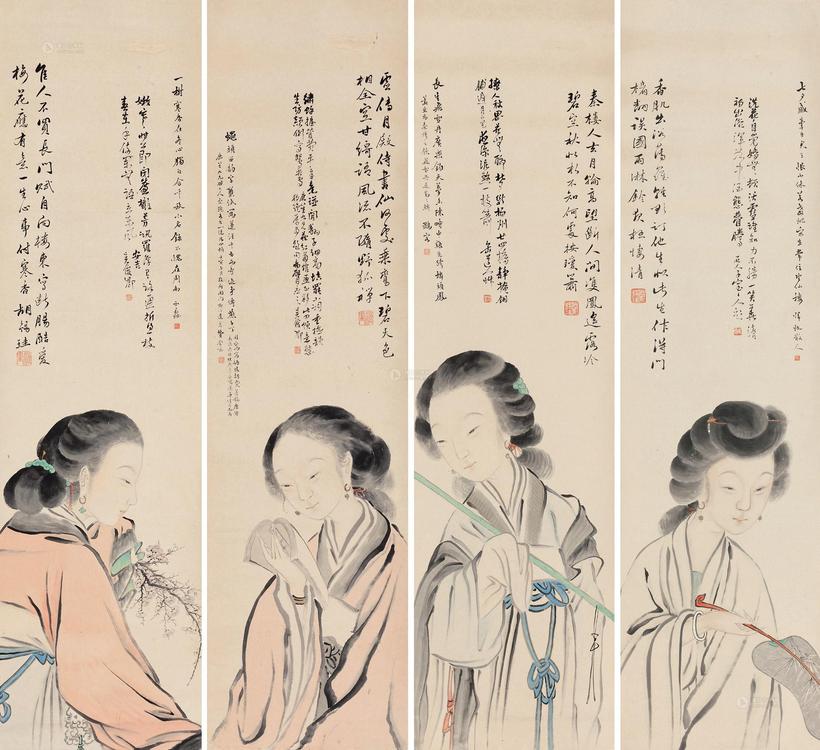 胡三桥 仕女 四屏立轴