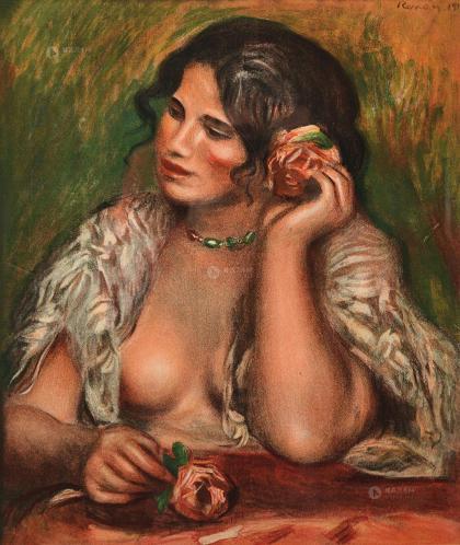 雷诺阿 19世纪20年代作 戴玫瑰的嘉布莉尔