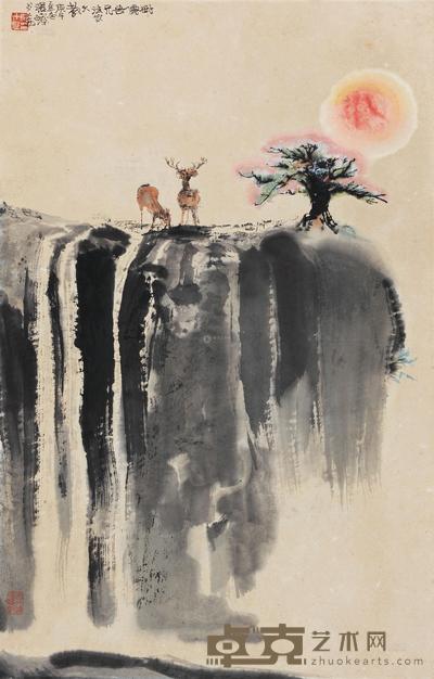 程十发 1990年作 红日双鹿 镜心 96×62cm