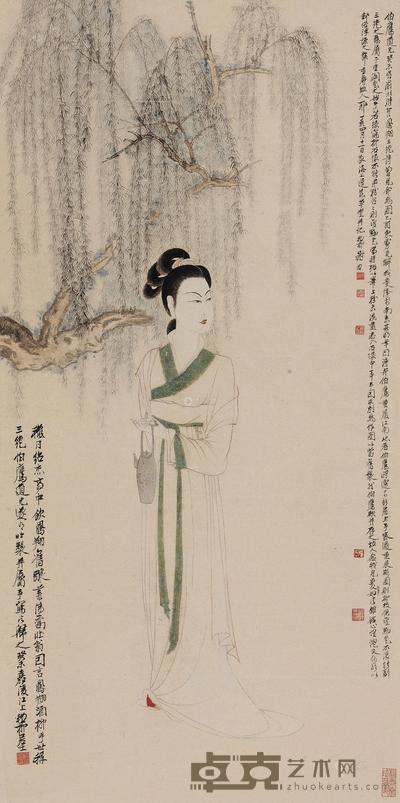 谢稚柳 1943年作 柳荫仕女 立轴 97×48cm