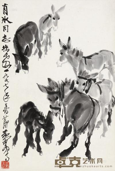 黄胄 1977年作 六驴图 立轴 70×47cm