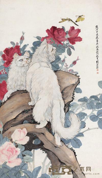 刘奎龄 1934年作 蝴蝶双猫 镜心 81×47cm