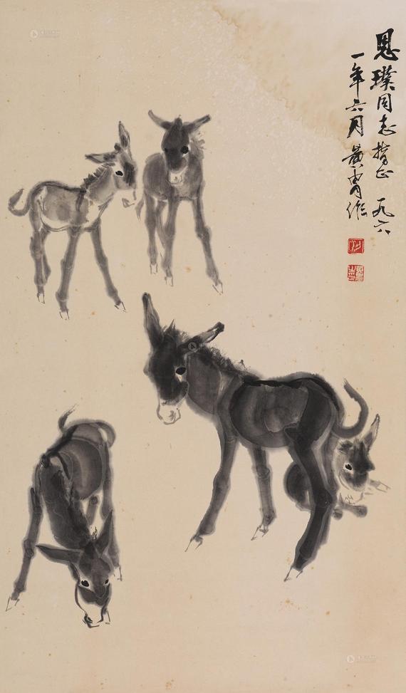 黄胄 1961年作 五驴图 立轴