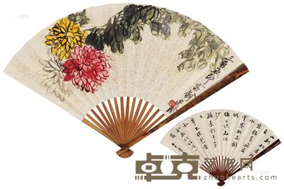 齐白石 张大千 菊花·行书李日华诗 成扇 19×49cm