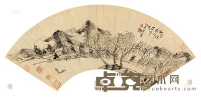 王建章 柳溪春泛图 扇面 17.3×52.7cm