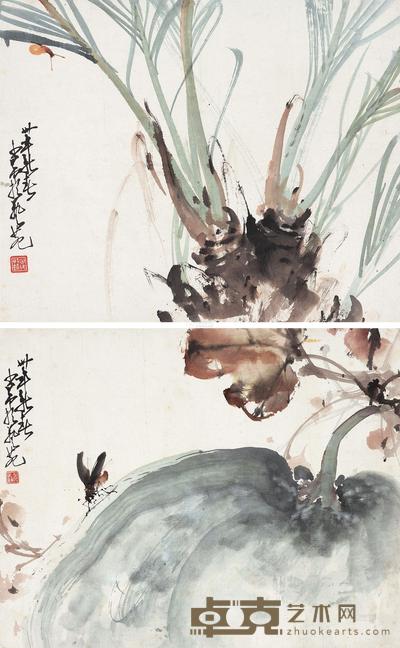 赵少昂 1941年作 花卉草虫 （二帧） 镜心 29.5×36.5cm×2