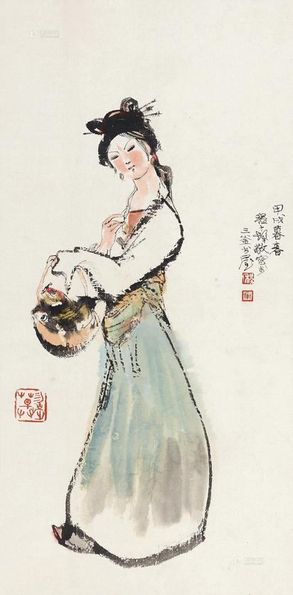 程十发 1934年作 篮鱼仕女 镜心