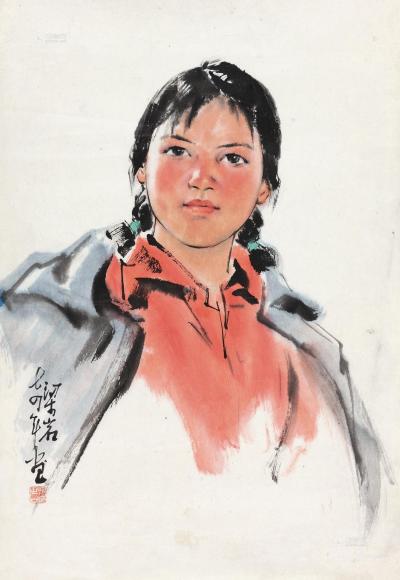 梁岩 1974年作 少女肖像 镜心