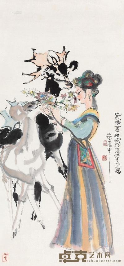 程十发 1979年作 引鹿图 镜心 103×48cm