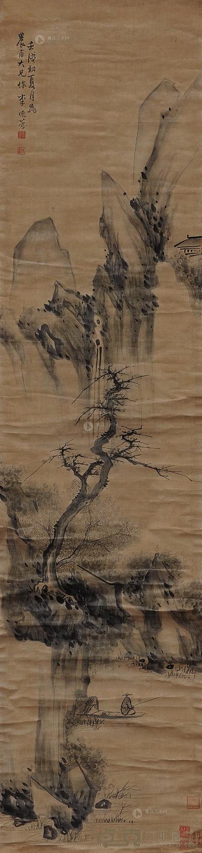 李流芳 1622年作 瀑溪独钩 立轴 178×42cm