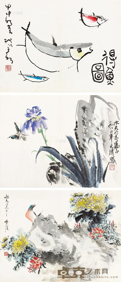 房介夫 徐元清 杨正新 花开富贵 蝶恋图 得鱼图 镜心 31.5×41.5cm×3