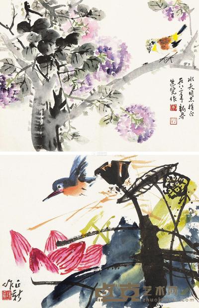 唐逸览 杨正新 栖禽图 荷花飞鸟 镜心 31.5×41.5cm×2