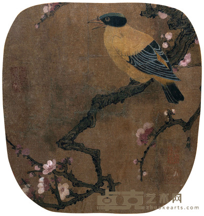 马麟 （款） 梅枝栖禽 册页 直径25cm
