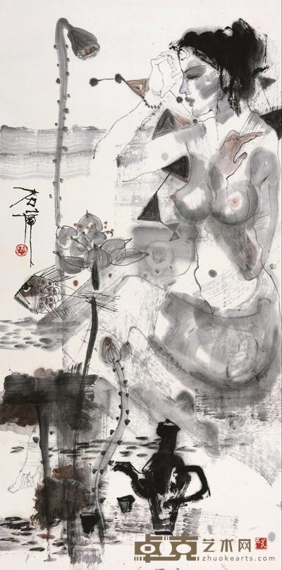 石虎 莲池少女 镜心 137.8×68.5cm