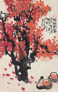 石鲁 60年代作，1974年添画 柿红时节 镜心