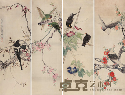 刘奎龄 1928年作 花鸟 四屏立轴 101×32cm×4